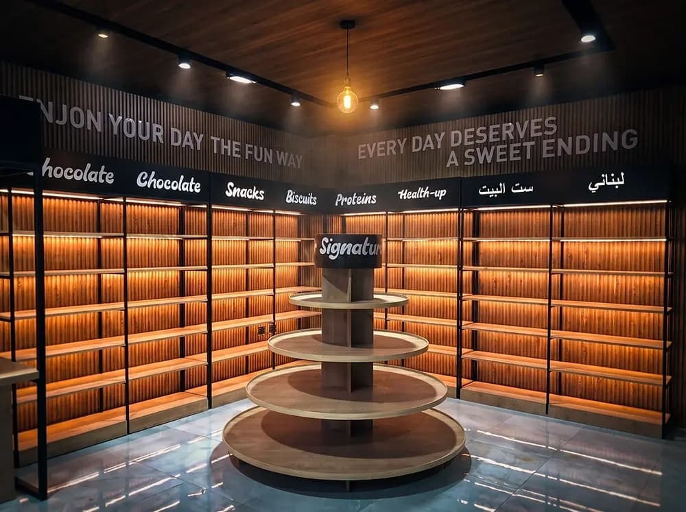 Candy shop interior with backlit timber shelving and a circular display tower built by Proink