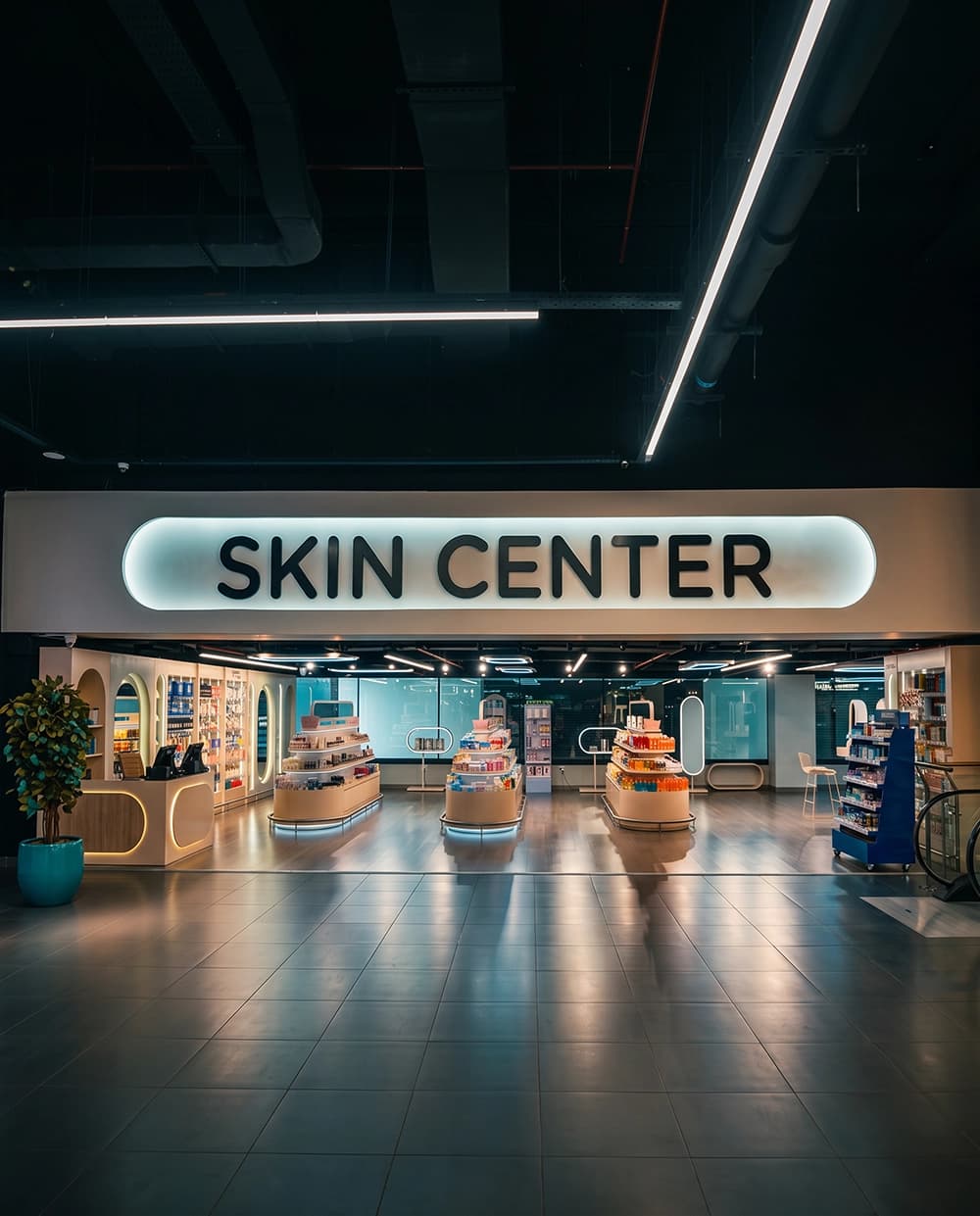 Skin Center skincare store in a mall with an illuminated rounded sign, curved wood islands with LED underglow, arched shelving niches and a curved service counter