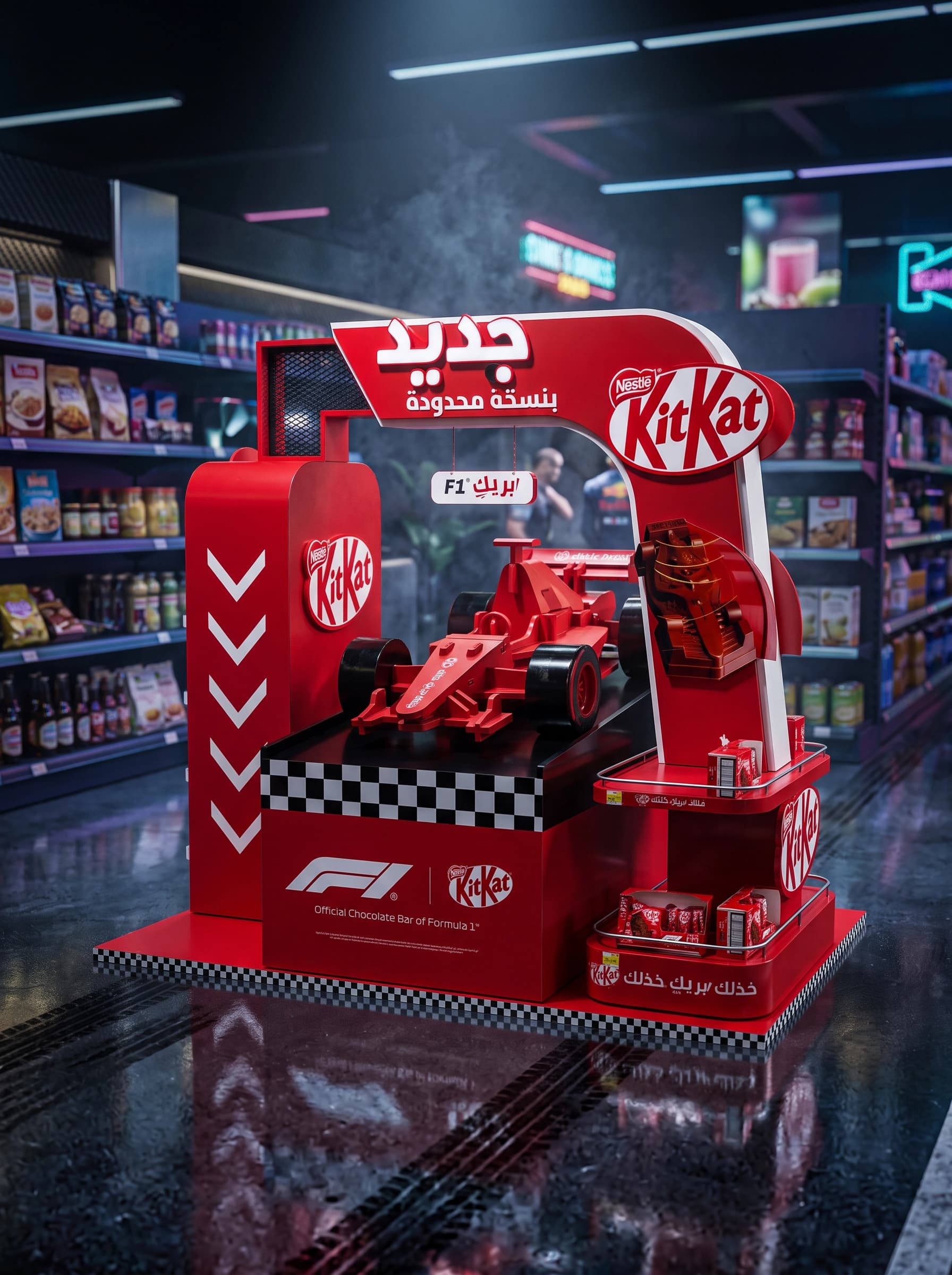 KitKat Formula One retail display in a supermarket aisle, with a red F1 car replica on a checkered base framed by a KitKat branded arch