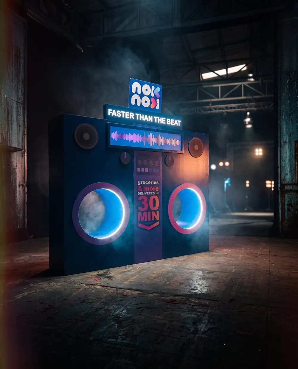 Nok Nok boombox launch structure with illuminated speaker rings built by Proink