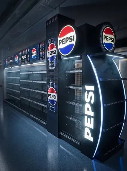 Pepsi branded gondola shelving with an illuminated end cap built by Proink