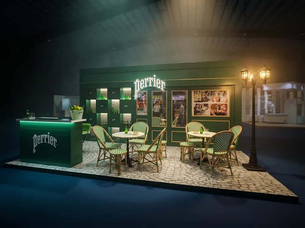Perrier Parisian café terrace activation with a green shopfront and bistro seating
