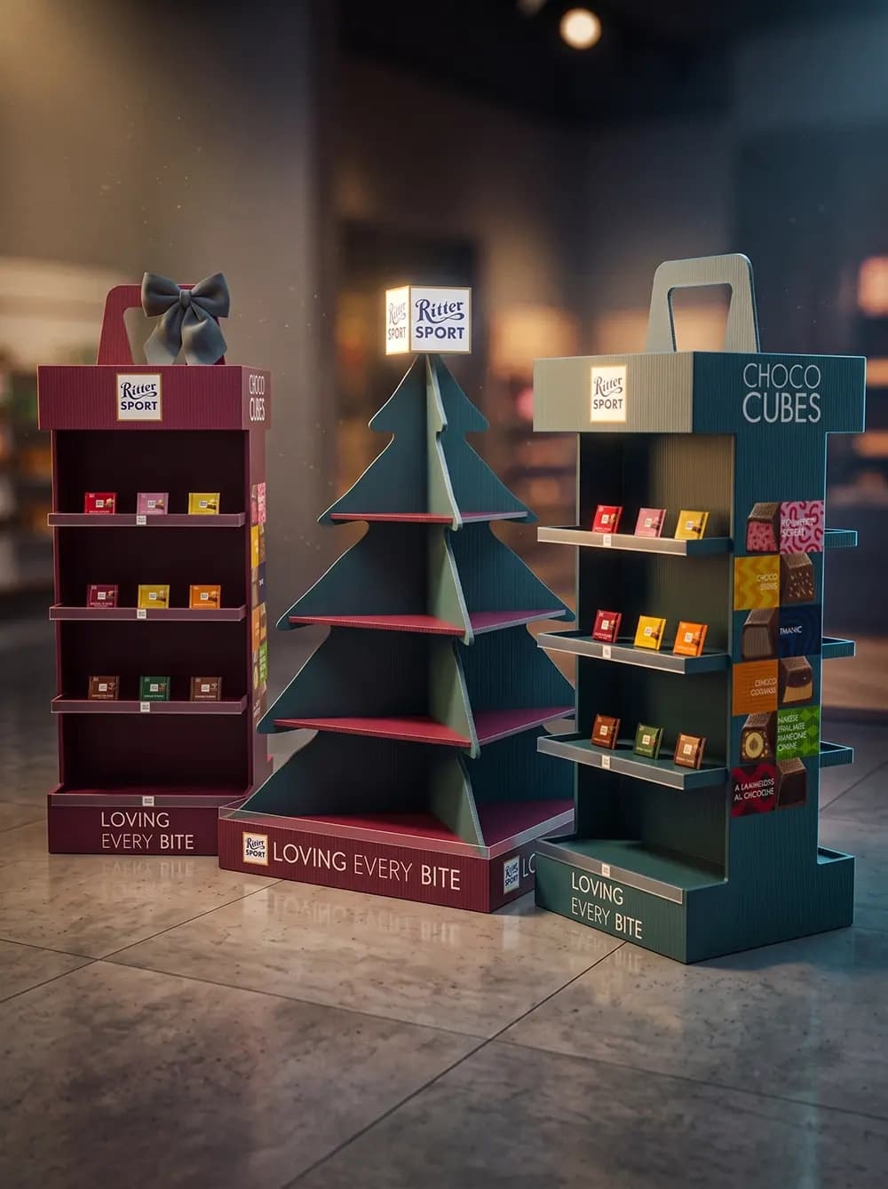 Ritter Sport Christmas display units with tiered shelving designed by Proink