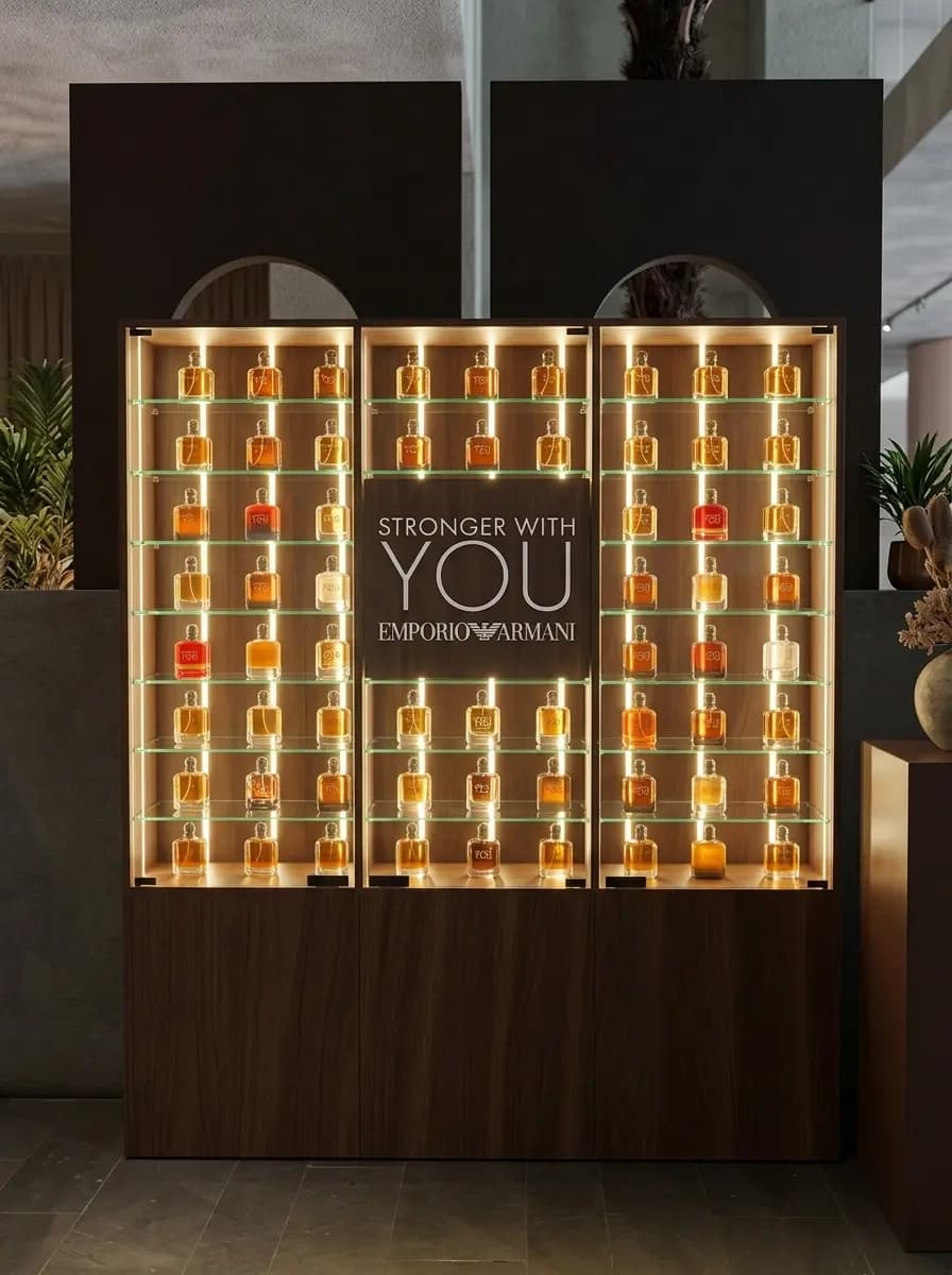 Backlit product wall displaying the Emporio Armani fragrance range in amber light