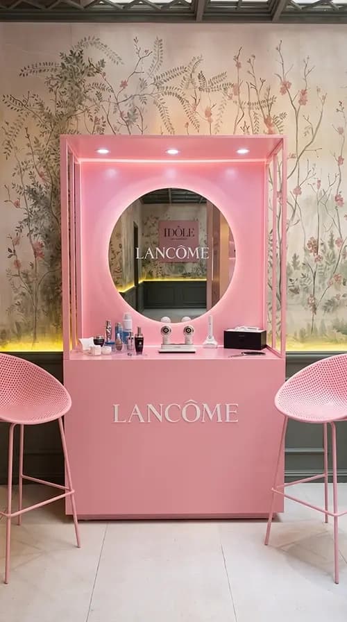 Lancôme vanity station with an illuminated round mirror and branded counter