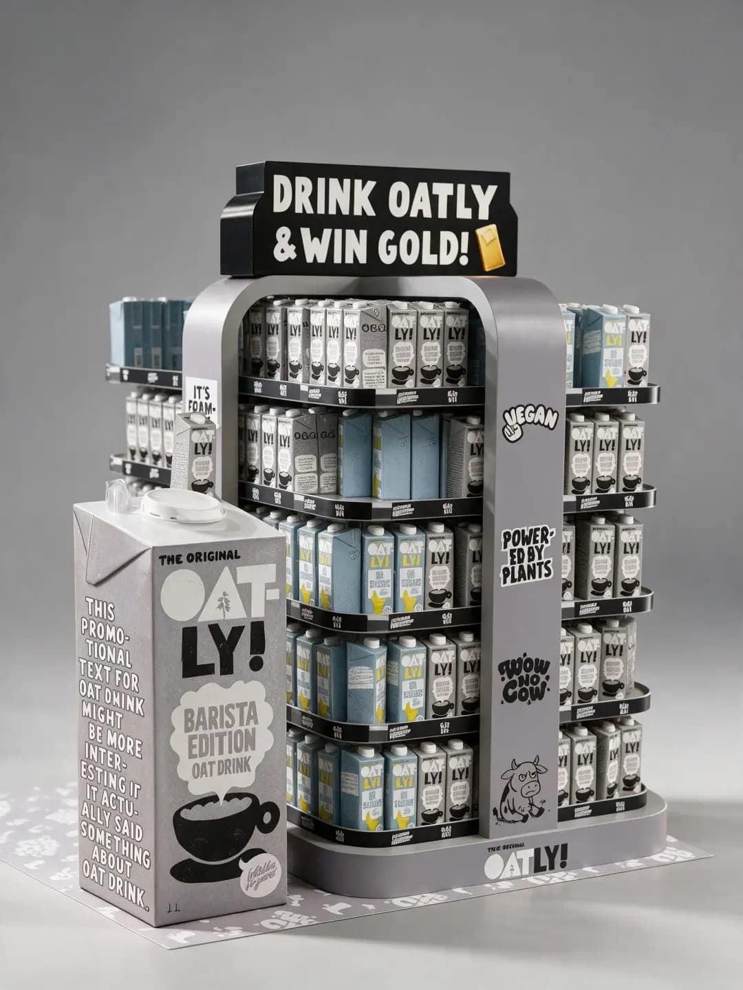 Oatly display with a Win Gold promotional header and full stock across every tier