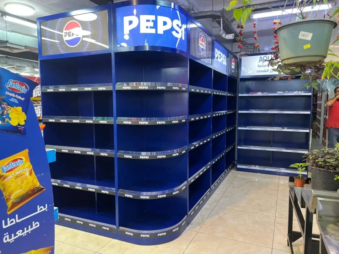 Blue Pepsi corner shelving unit with an illuminated header installed in a small store