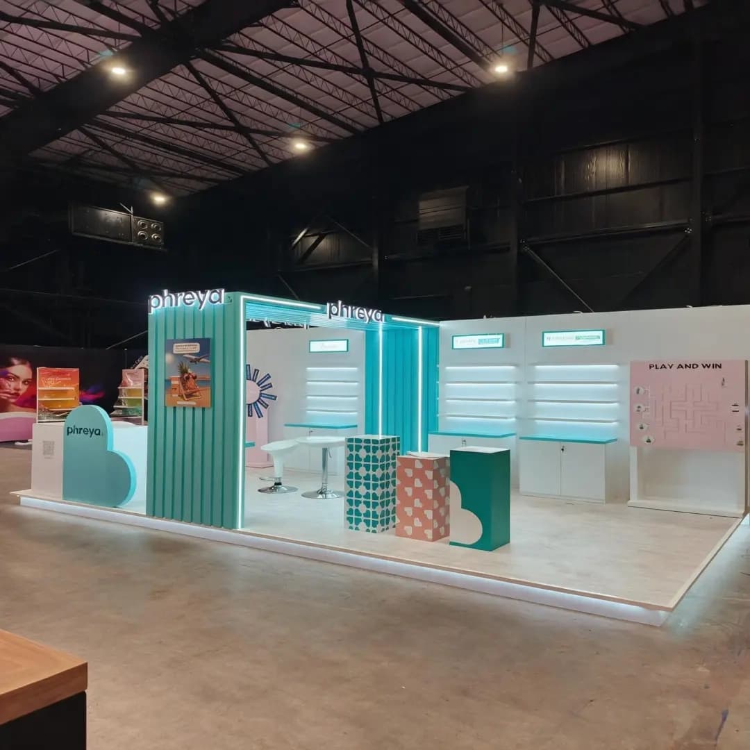 Full view of the Phreya exhibition stand installed in an exhibition hall