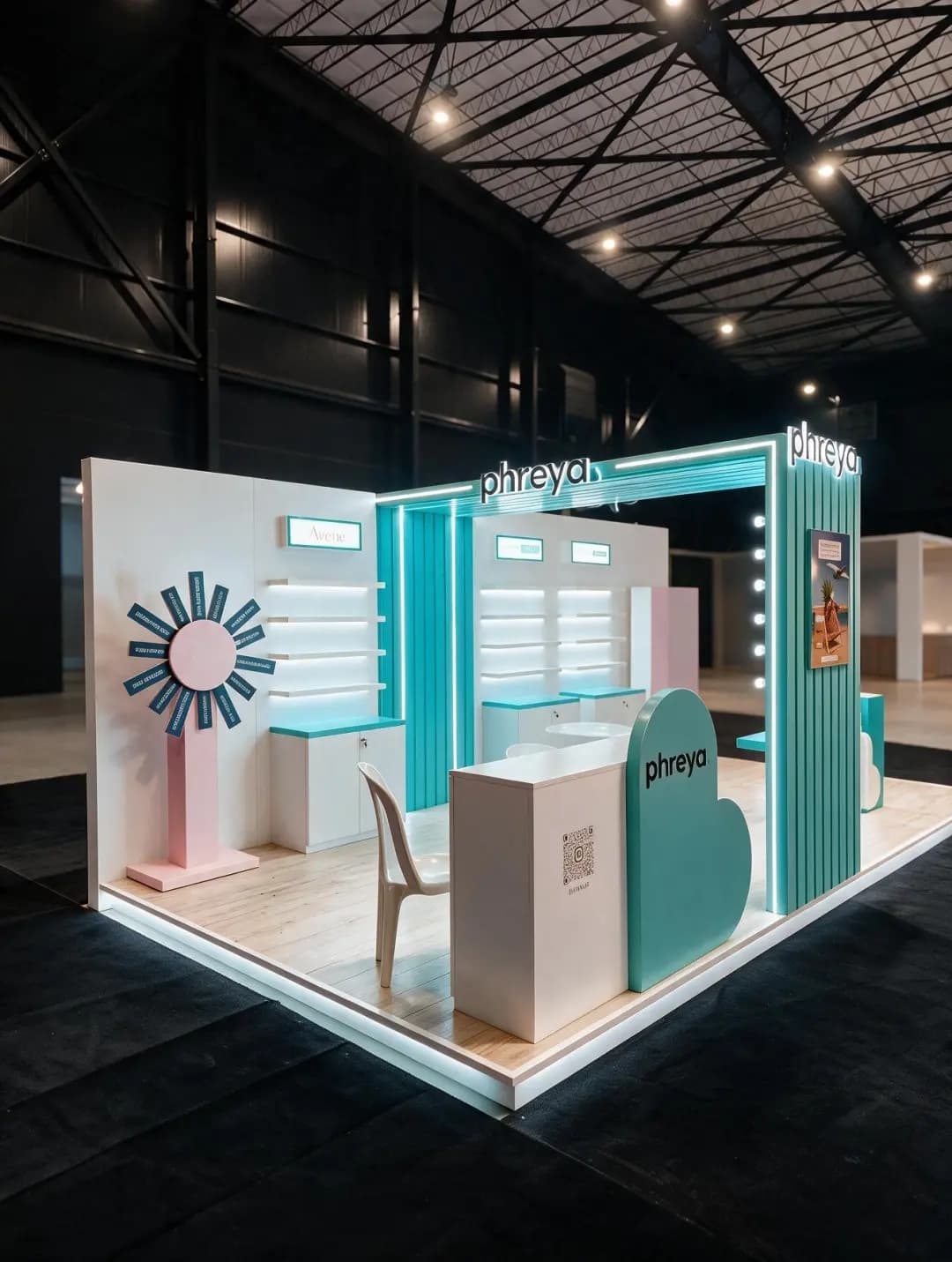 Phreya stand corner with backlit skincare shelving, a prize wheel and a cloud shaped counter