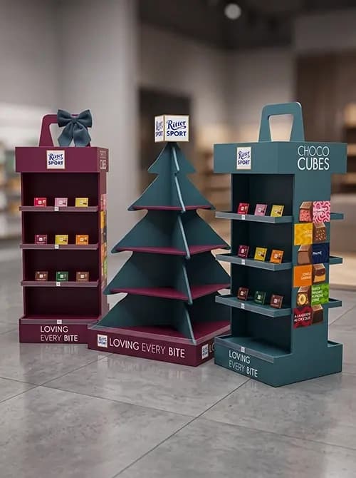 Family of three Ritter Sport Christmas displays including a die-cut tree unit